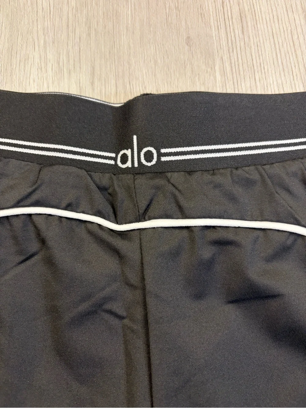 ALO Yoga Black Track Pants & Piped Sports Bra Set with White Trim